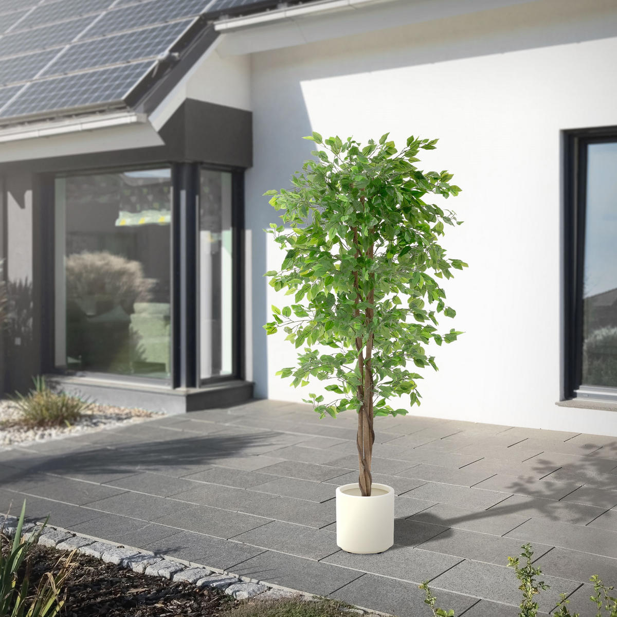 UMĚLÁ ROSTLINA Ficus 180 cm s kmenem z přírodního dřeva pro vnitřní i venkovní použití - černá/zelená barva, textil/plast (180cm) - ML-DESIGN