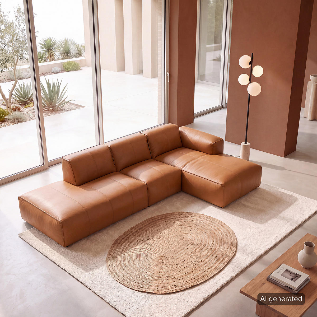 ECKSOFA mit Chaiselongue - Cognac/Schwarz, Leder/Kunststoff (290/173cm) - home24