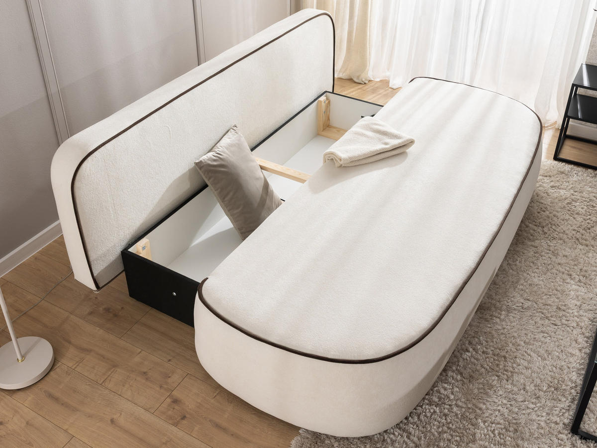 SCHLAFSOFA Vero im modernen und abgerundeten Design mit Bettkasten aus Creme Plüschstoff mit brauner Paspel - Creme/Schwarz, Holz/Kunststoff (210/90/98cm) - S-Style Möbel