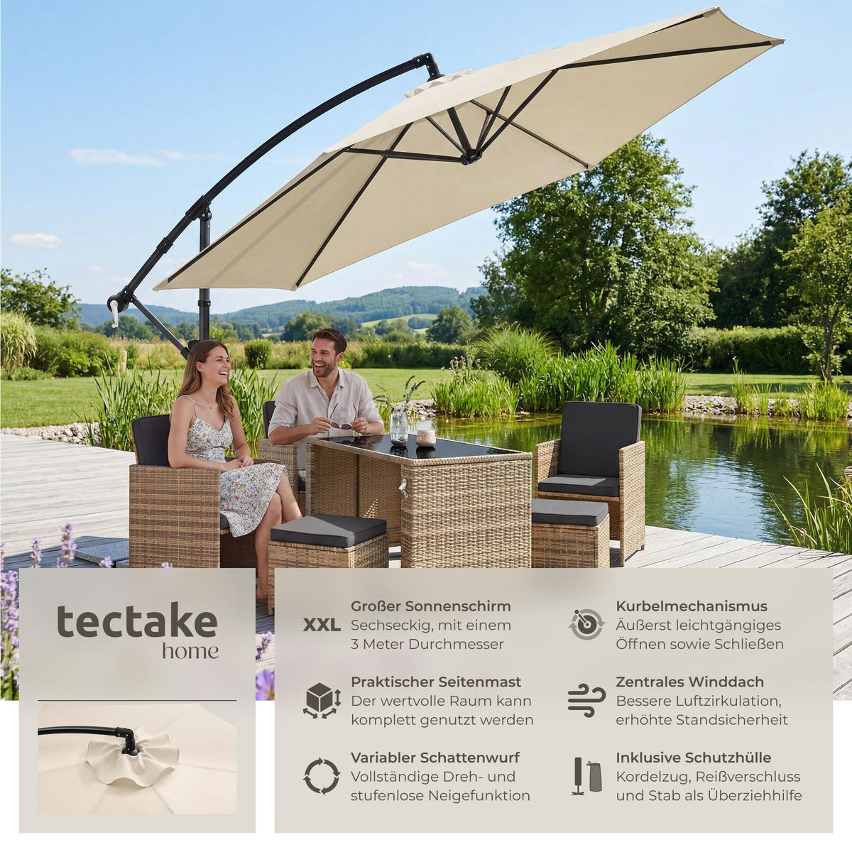 AMPELSCHIRM Artemis, inkl. Schutzhülle, beige - Beige, Metall (300/300cm) - tectake