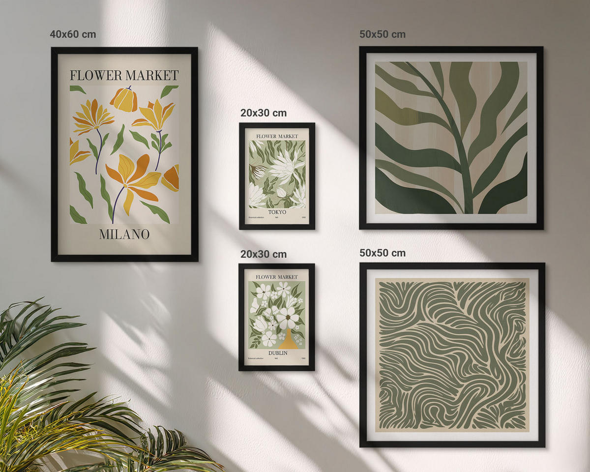 WANDBILDER 5er-Set - 50x50 cm & 20x30 cm & 40x60 cm Schwarzer Rahmen - Pflanzenmuster, Boho-Dekorationen - Schwarz, Kunststoff (40/60cm) - ArtPrintCave