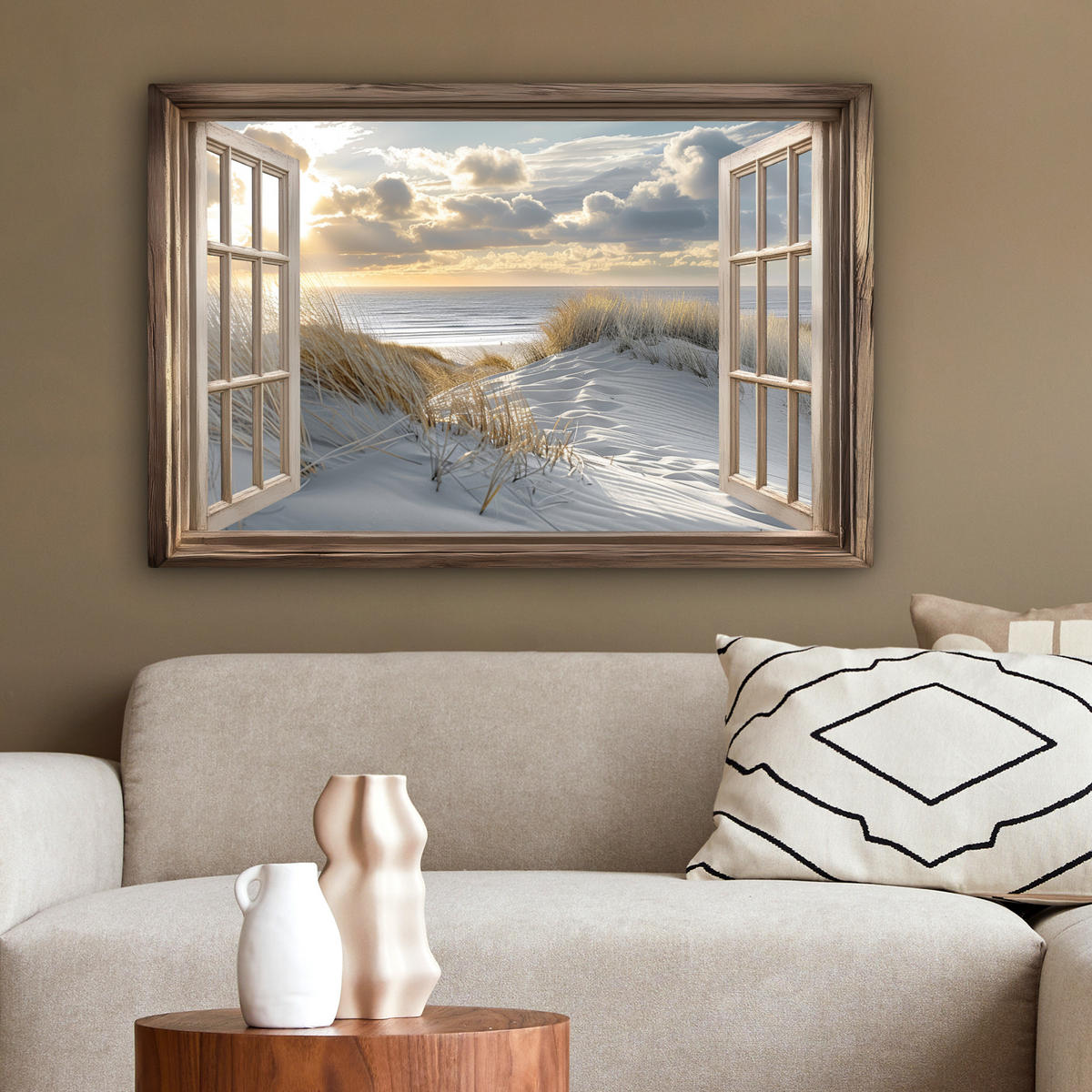 LEINWANDBILD Ausblick - Strand - Dünen - Meer - Natur Wanddeko 90x60 cm - Sandfarben, Textil (90/60cm) - MuchoWow