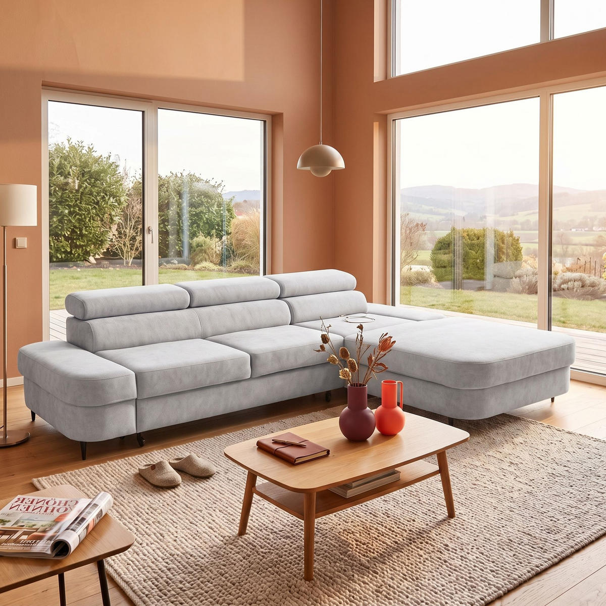 ECKSOFA JAZZ L Rechts mit Schlaffunktion 127x216 Velours Hellgrau - Hellgrau/Schwarz, Holz/Textil (237/285cm) - Muffo