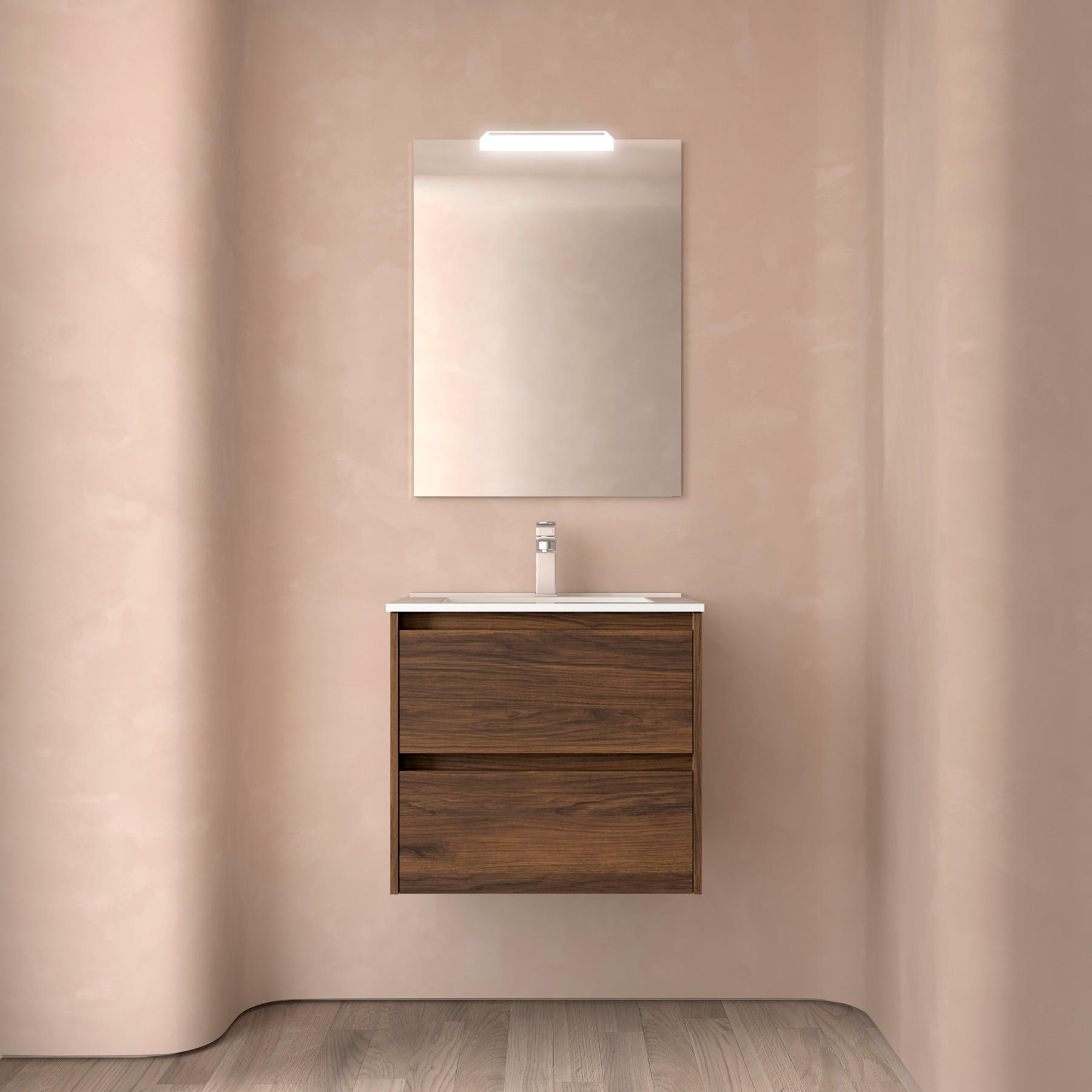 BADEZIMMERMÖBEL NOJA 600 2 Schubladen NUSSBAUM MAYA + Waschtisch + Spiegel - Schwarz, Metall (45/54/60cm) - Salgar