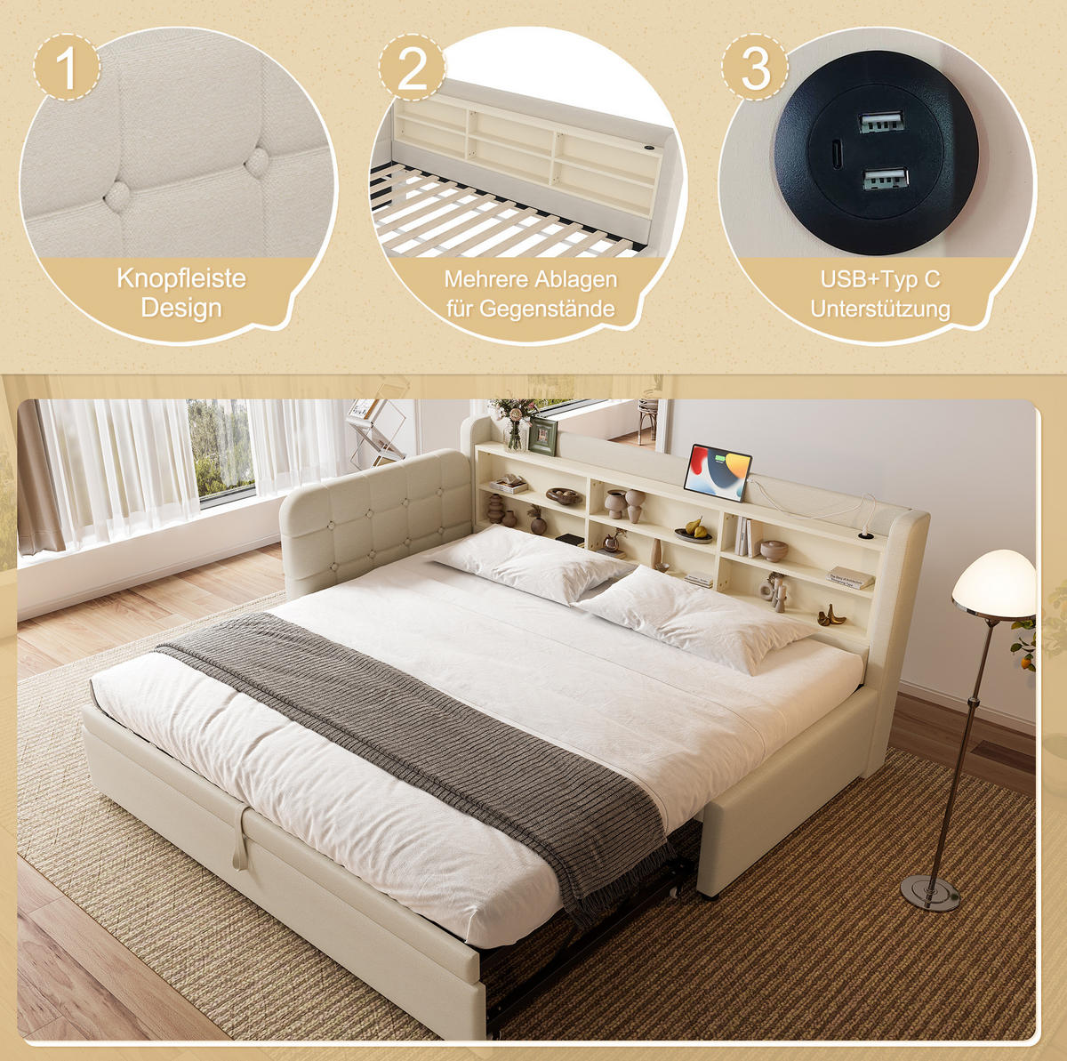 POLSTERBETT 90/200 cm mit Ausziehbett, USB- und USB-C-Anschluss, Ablagefächern und Lattenrost, Beige - Beige, Textil (90/200cm) - Redom