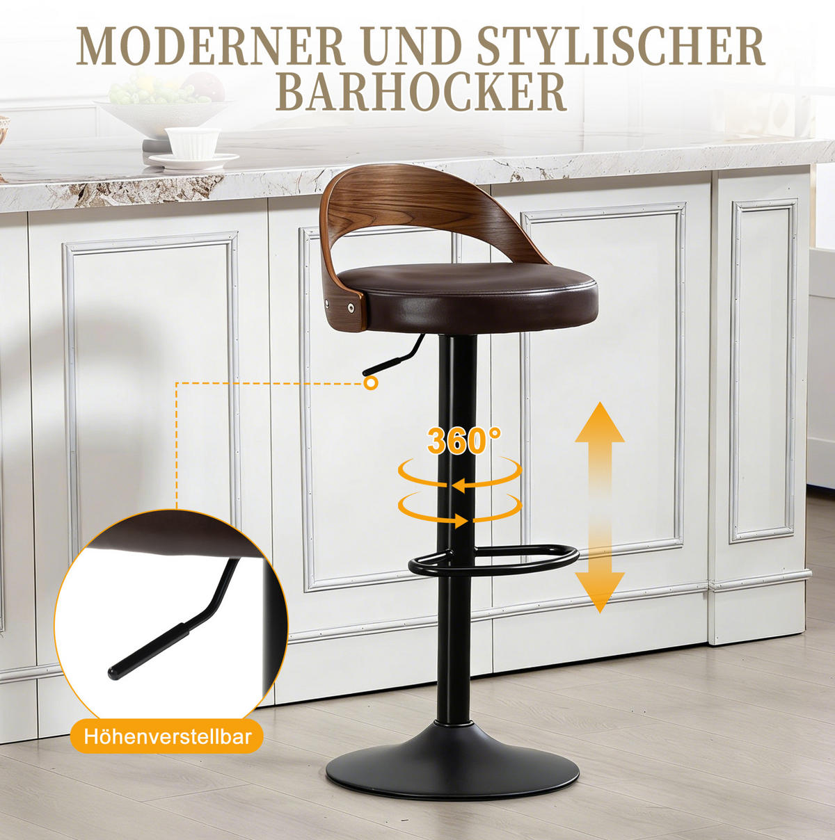 BARHOCKER 2er-Set mit Rückenlehne, 360° drehbar und höhenverstellbar, Braun - Braun, Metall (42/77/42.5cm) - MIVRAY