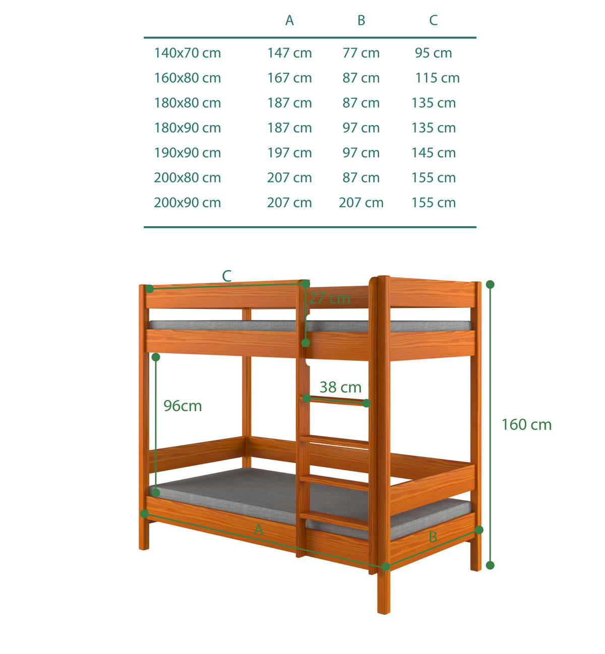 ETAGENBETT Diego 200x80 teak mit Schubladen und Matratzen - Braun, Holzwerkstoff (80/200cm)