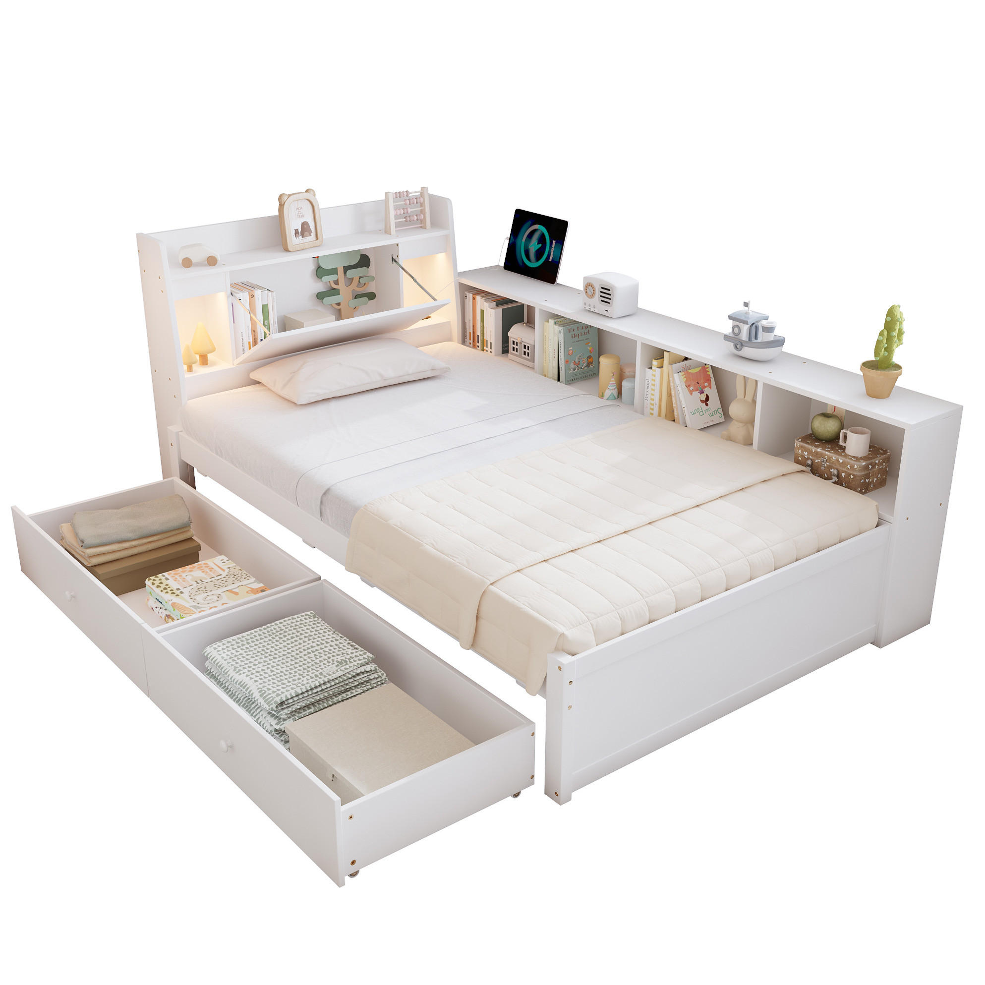 EINZELBETT 90/200 cm mit Ladebuchse, 2 Leuchten und viel Stauraum, Weiß - Weiß, Holz (90/200cm) - Redom