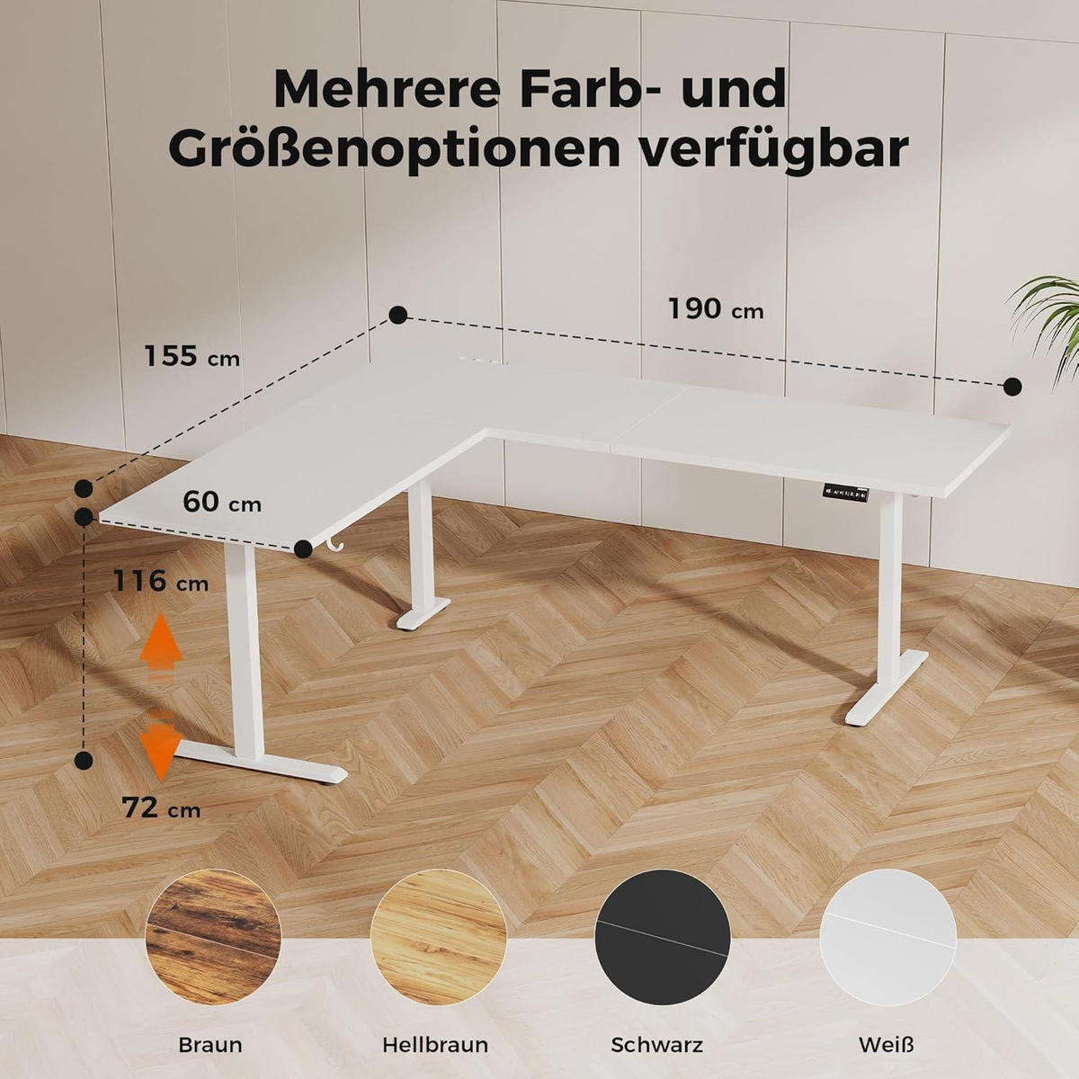 SCHREIBTISCH L-förmig Höhenverstellbar Weiß 190 x 155 cm - Weiß, Holzwerkstoff (190/60/75cm)