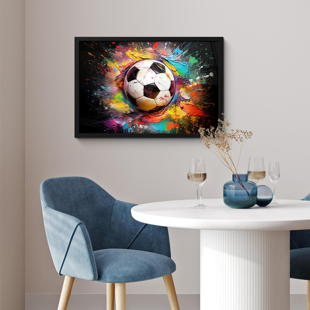 POSTER MIT RAHMEN Fußball - Farbe - Farben - Schwarz - Weiß 60x40 cm - Weiß, Papier (60/40cm) - MuchoWow