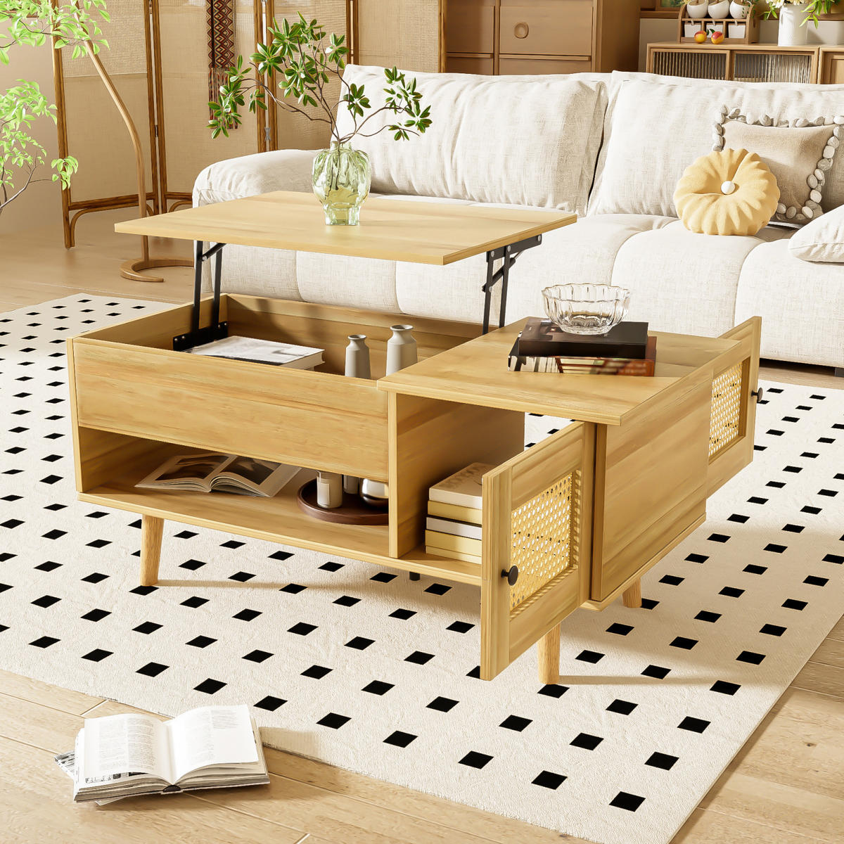 COUCHTISCH Holzoptik mit Hubplatte und verstecktem Stauraum - Cognac, Metall (103/50/46cm)