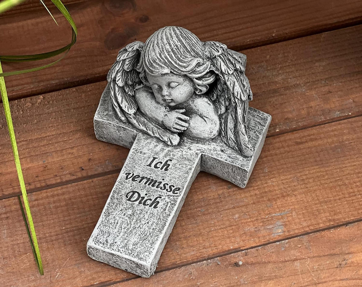 STEINFIGUR Engel Kreuz Ich vermisse Dich Steinguss frostfest massiv - Grau, Stein (9/7/14cm) - stoneandstyle