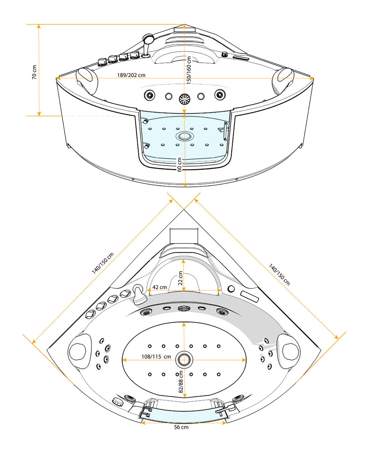 WHIRLPOOL Badewanne Wanne W60-TH-SC 140x140cm mit Tür - Weiß, Glas/Kunststoff (140/70/140cm) - AcquaVapore by Sandra Jentho