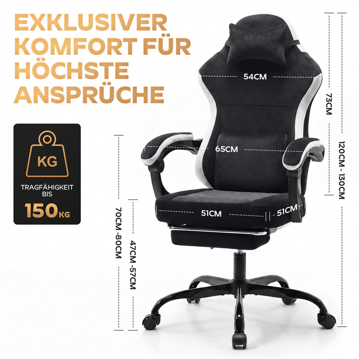 GAMINGSTUHL DE-40995 mit Nackenkissen und Rückenkissen Schwarz/Weiß - Weiß, Metall (58.5/120.5/63cm) - ComfortXL