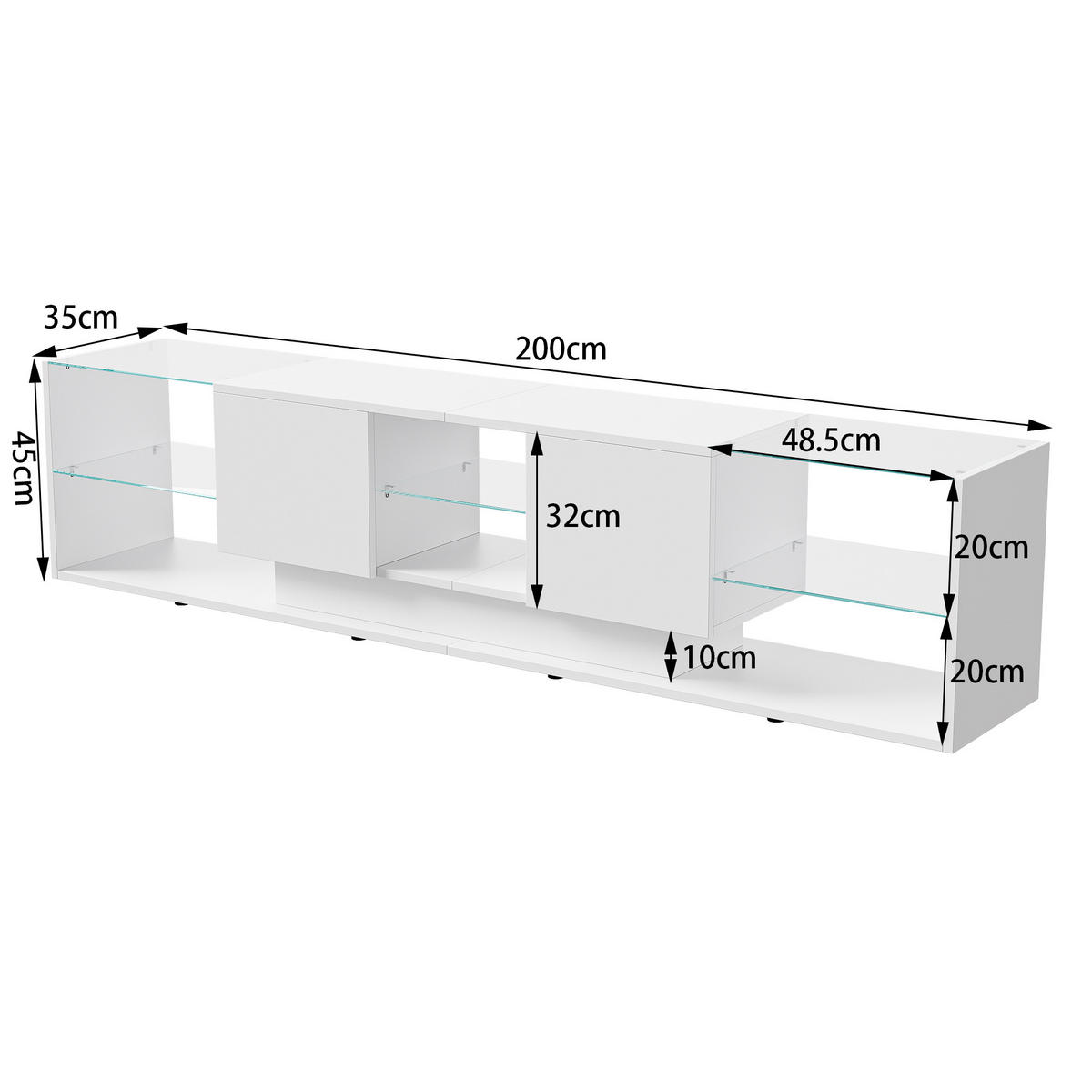 LED TV-LOWBOARD 200 cm– Modernes TV-Board mit Stauraum, Weiß - Weiß, Holz (35/45/200cm)