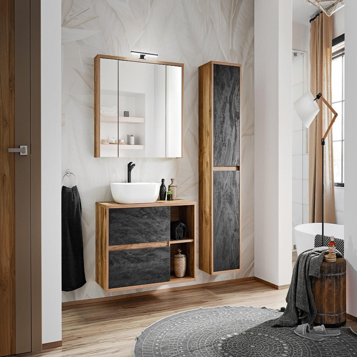BADMÖBEL-SET 5 Teile - Hampton H BM12 in Huton Oak / Dark Concrete - Dunkelgrau, Holz (100/170/46cm)