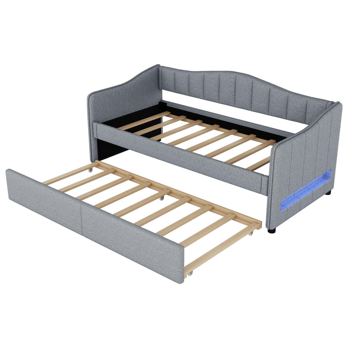 POLSTERBETT aus Leinen 90x200 cm in Grau mit Ausziehbett & LED-Beleuchtung - Grau, Textil (90/200cm) - Modfu