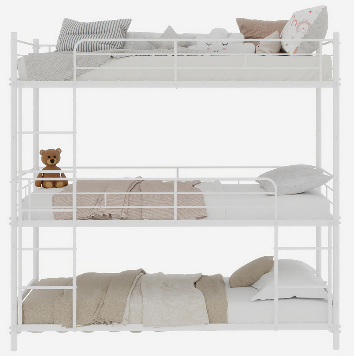 DREIFACH-ETAGENBETT 90/180 cm weiß aus Eisen mit Leiter und Rundum-Schutzgeländer - Weiß, Metall (90/190cm) - OKWISH