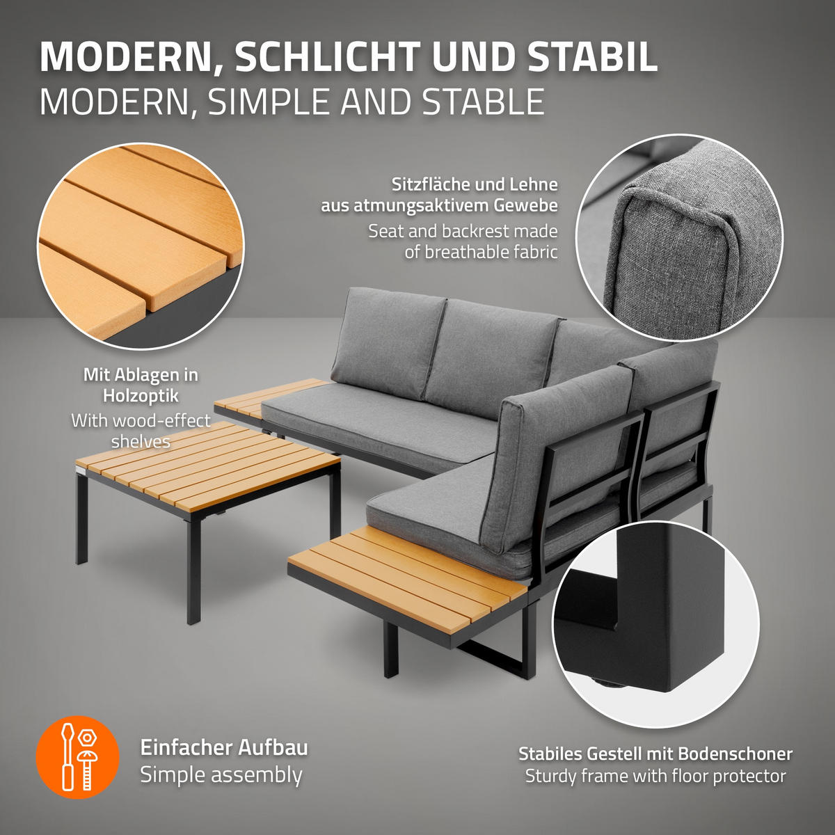 GARTENMÖBEL SET 3 tlg in Grau-Holzoptik mit Stahlgestell - Braun/Grau, Textil/Metall - ML-DESIGN