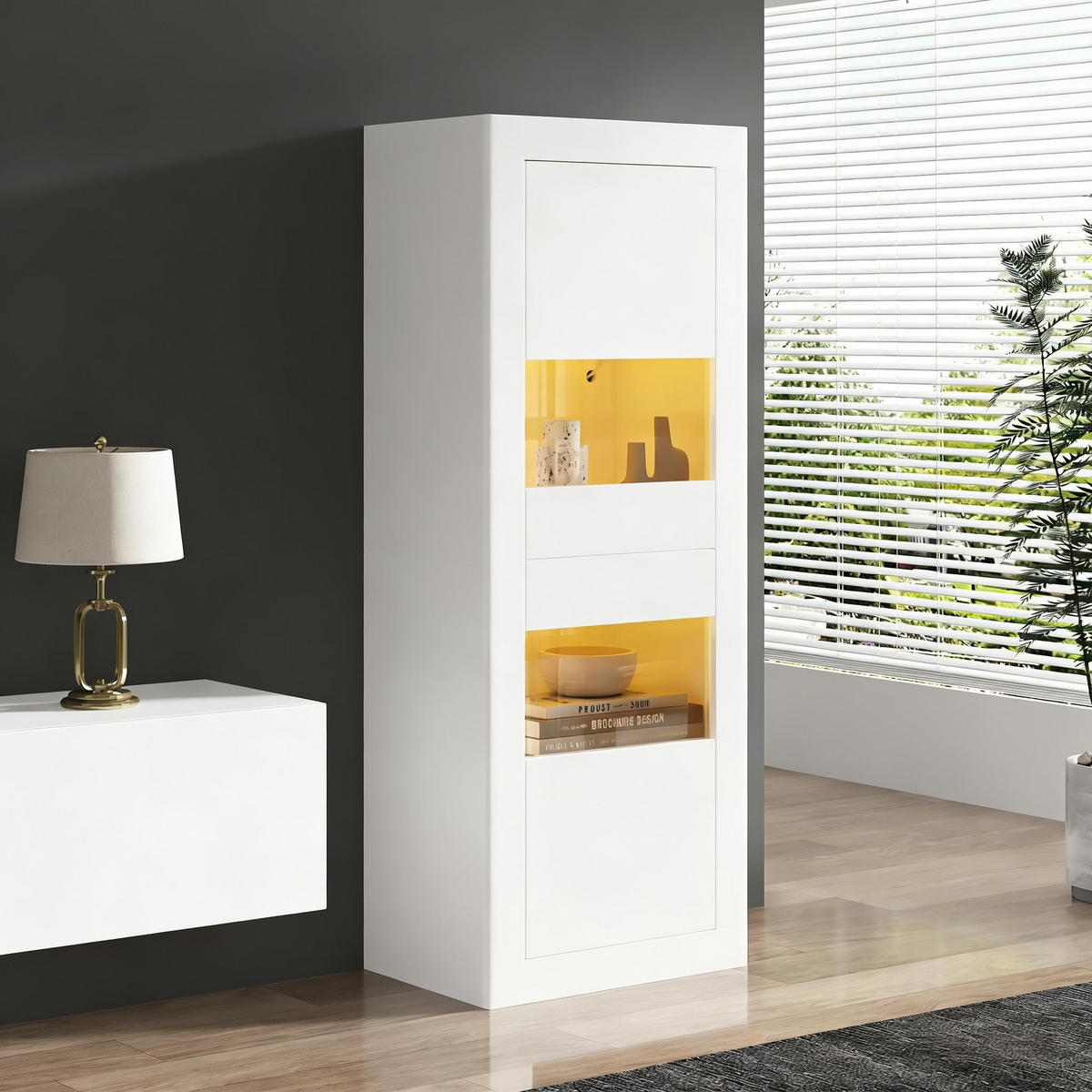 VITRINE mit LED Beleuchtung Verstellbaren Glasböden Hochschrank mit Acryltüren Wohnzimmer Weiß 61x42x162 cm - Weiß, Glas/Holzwerkstoff (61/162/42cm) - EVRYAE