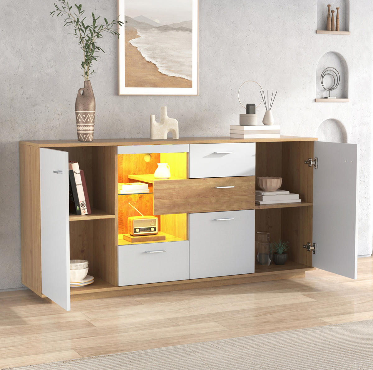 SIDEBOARD 160/40/77 cm mit 2 Türen, 4 Schubladen & LED-Beleuchtung - Naturfarben, Holzwerkstoff (160/77/40cm) - BEAOK