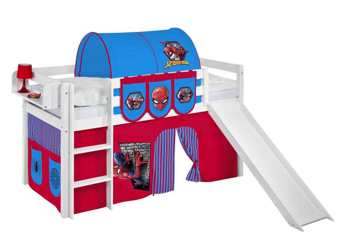 SPIELBETT JELLE Spiderman - Hochbett - mit Rutsche und Vorhang - Weiß, Holz - Lilokids
