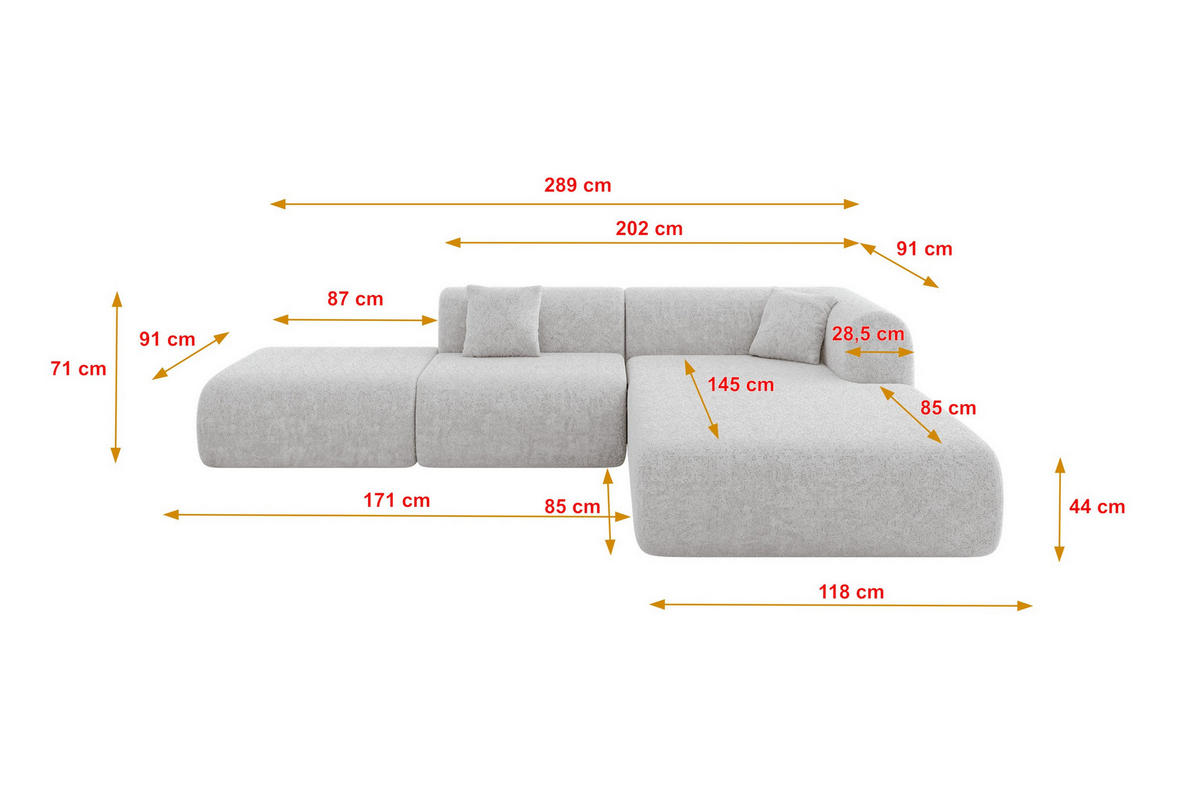 ECKSOFA Ottomane Rechts OVLY-L 289x176x71 Grau Chenille - Titanfarben/Schwarz, Holzwerkstoff/Kunststoff (289/176cm) - ALTDECOR