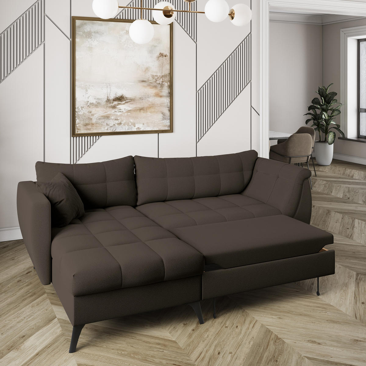 ECKSOFA MOLLIS Braun Geflochtener-Stoff mit Schlaffunktion - Braun, Holz (241/154cm) - MASSENO