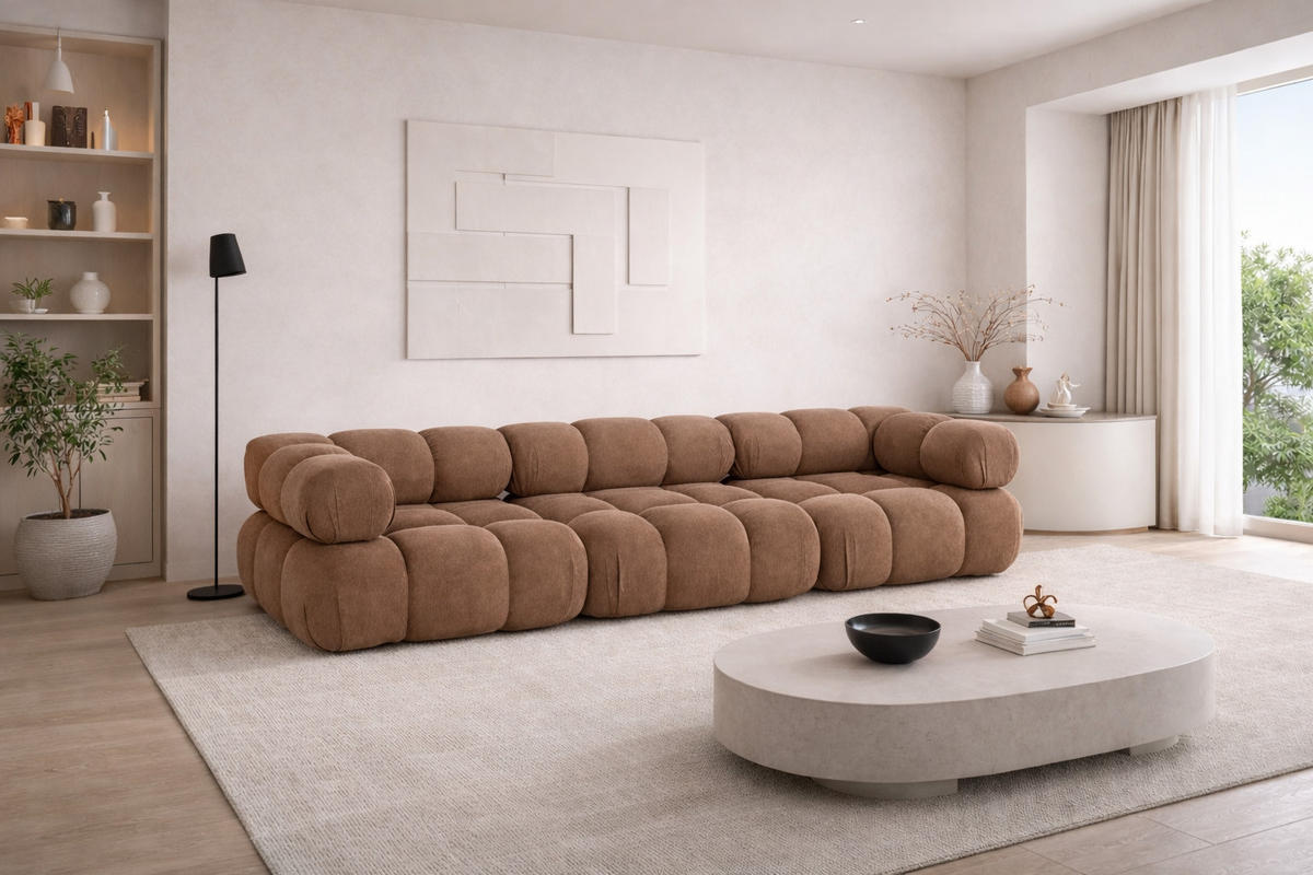 COUCH, 3-Sitzer Modular, Veloursstoff Salvador, Dunkelbeige, Selia - Beige, Holz (285/70/95cm) - Kaiser Möbel