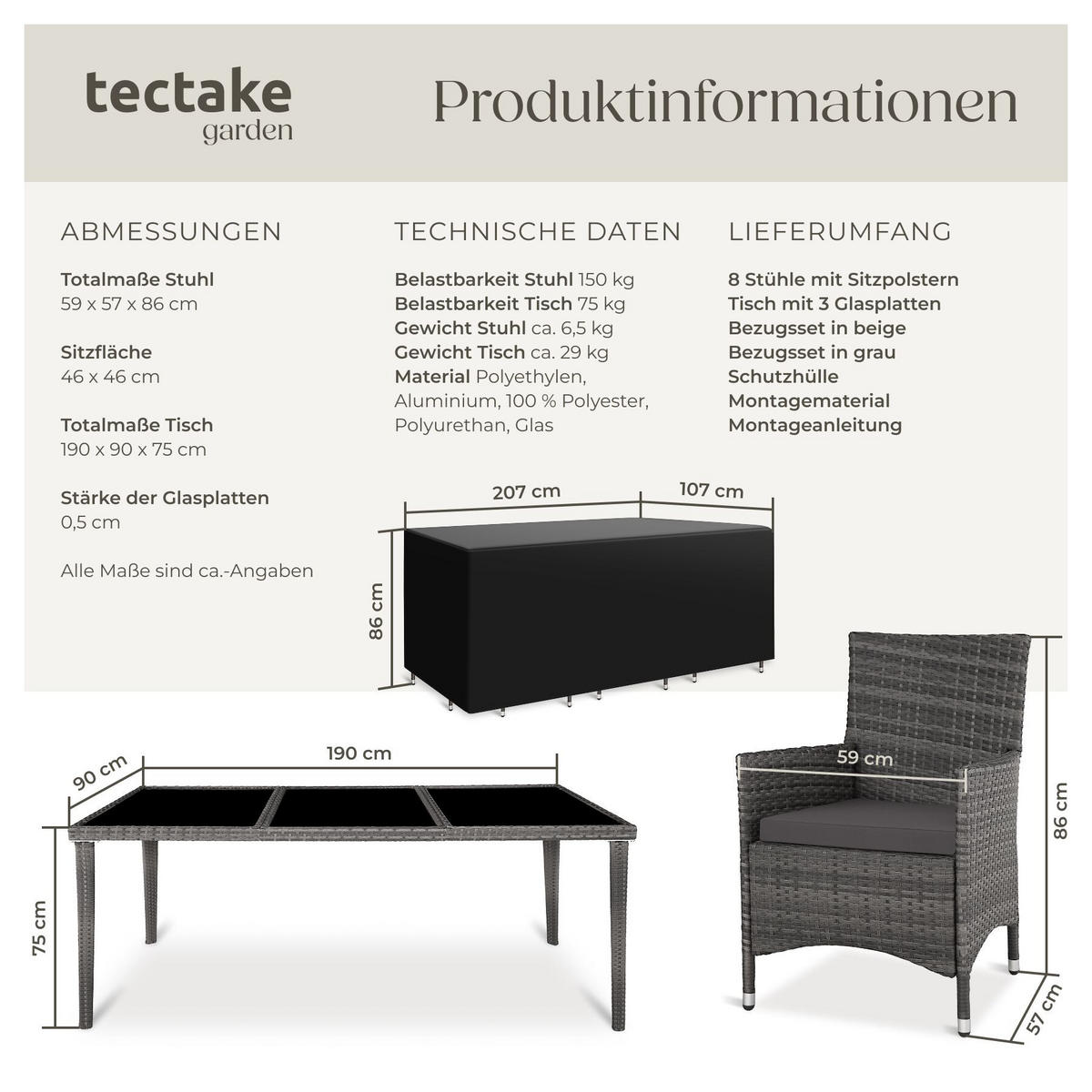 RATTAN-SITZGRUPPE aus Aluminium Menorca, inklusive Schutzhülle, grau - Grau, Kunststoff - tectake