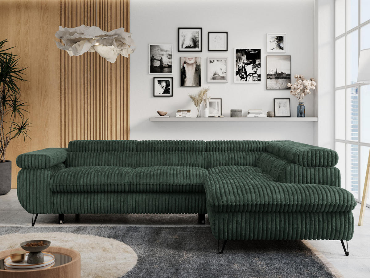 ECKSOFA PETER L Grün Cord - Rechts Seite - Schwarz/Grün, Textil/Metall (273/208cm) - MKS