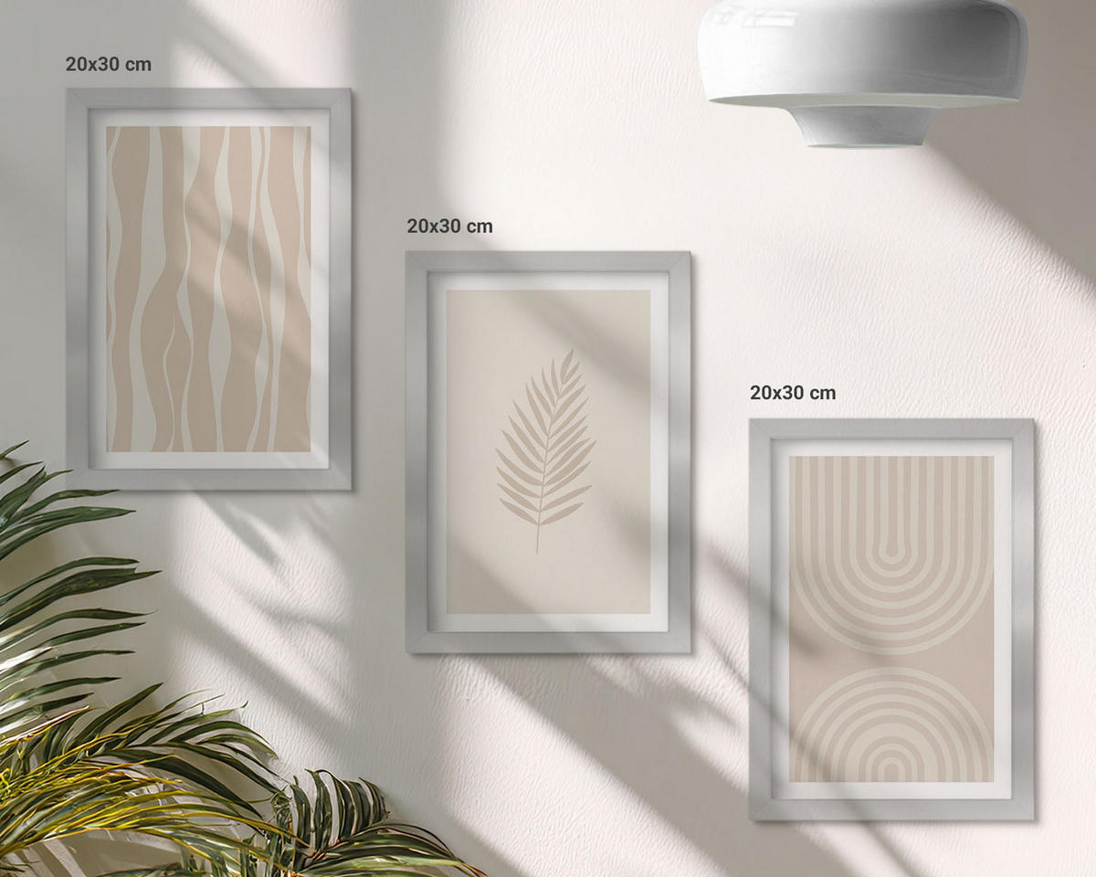 BILDER SET 3er Set - 20x30 cm Silberner Rahmen - Beige Pflanzenmuster - Silberfarben, Kunststoff (20/30cm) - TULUP