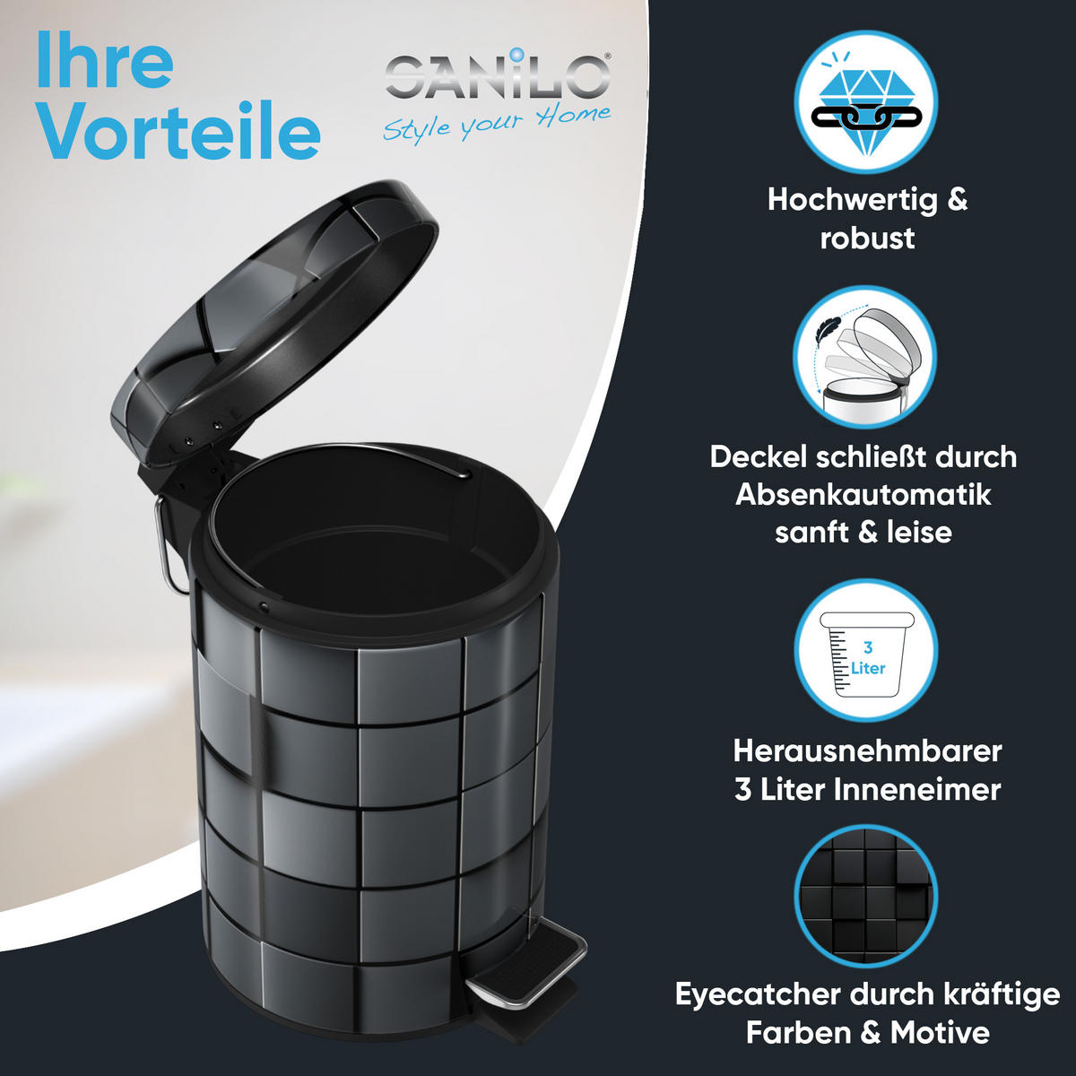 KOSMETIKEIMER Cube - Schwarz, Kunststoff/Metall (17/25/25cm) - Sanilo