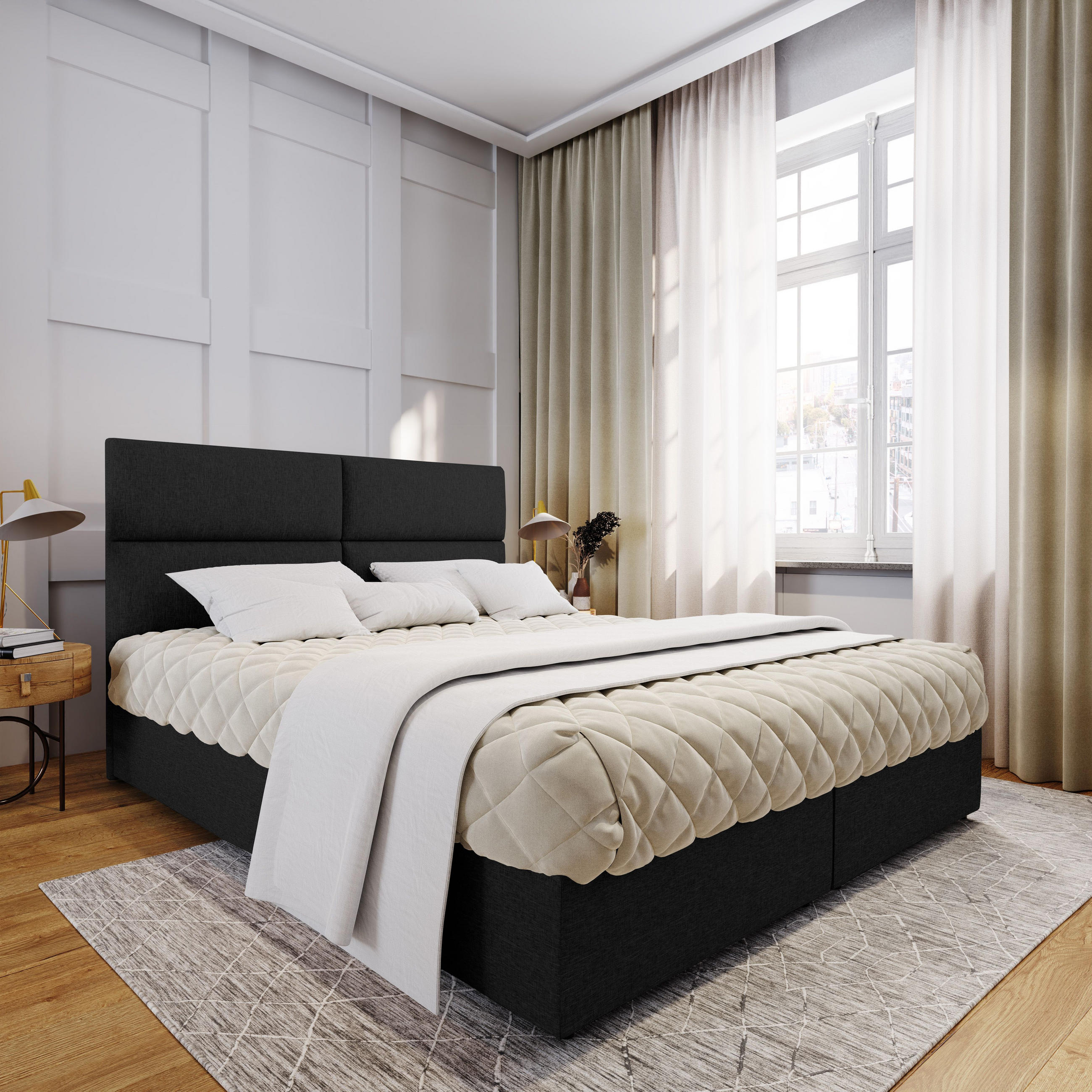 BOXBETT LONIS 140x200 cm mit Matratze und Topper - Schwarz - Schwarz, Holz (140/200cm) - MASSENO