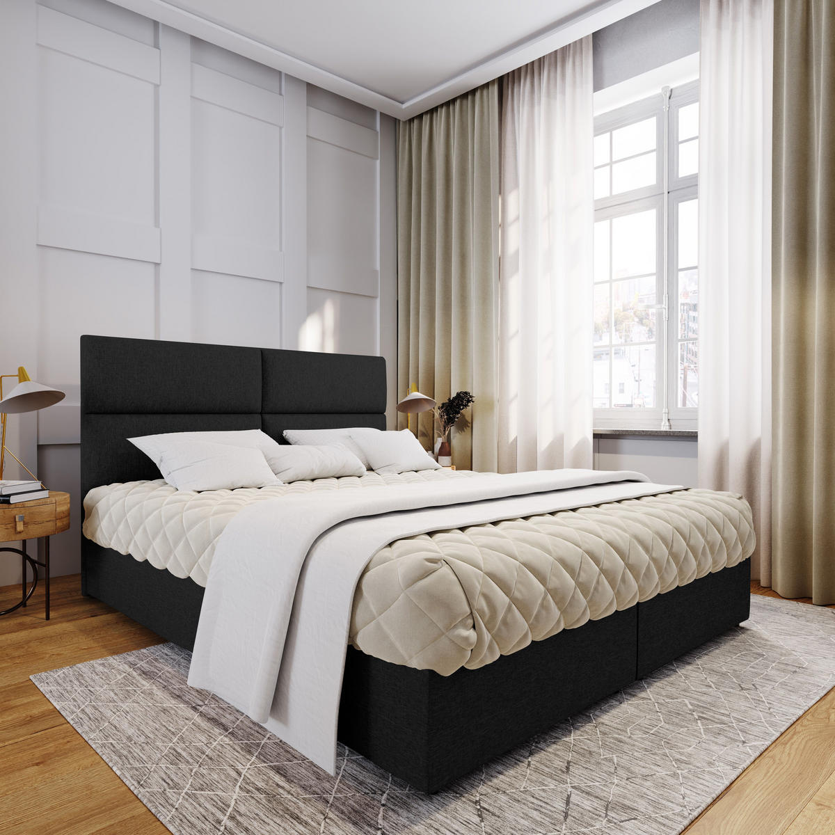 BOXBETT LONIS 180x200 cm mit Matratze und Topper - Schwarz - Schwarz, Holz (180/200cm) - MASSENO