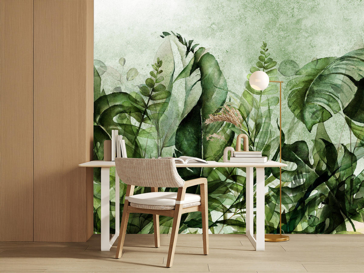 FOTOTAPETE für Wohnzimmer Grüne Blätter auf Beton 150x105 - Schwarz/Grün, Papier (150/105cm) - Muralo