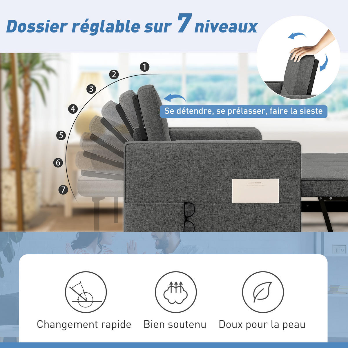 SCHLAFSOFA 2-Sitzer DE-14679 3-in-1 & 7-fach verstellbar Dunkelgrau - Dunkelgrau, Metall (137.5/84/80.5cm) - ComfortXL
