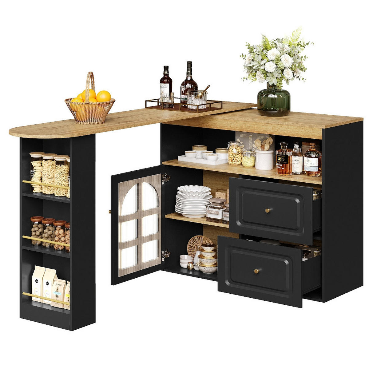 KÜCHENINSEL Stehtisch DREHBAR AUSZIEHBAR Essbar Sideboardschrank MDF Schwarz Wohnzimmer 138-204/39/104 cm - Schwarz, Kunststoff (39/104/138cm) - Rolipo