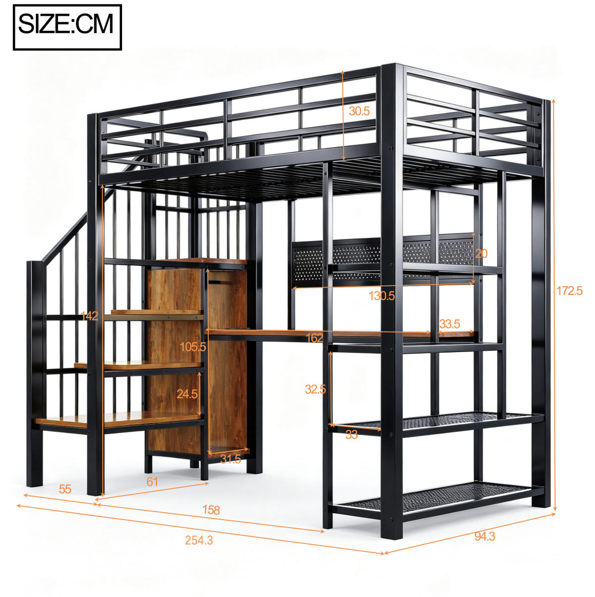 HOCHBETT 90/200 cm aus Metall und Holz mit Treppe Schreibtisch und LED-Beleuchtung Schwarz - Schwarz, Metall (90/200cm) - Modenvie