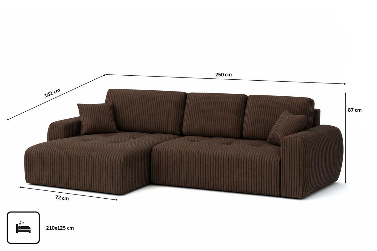 ECKSOFA Mit Schlaffunktion Und Bettkasten L-Form Ivo L, Cordstoff Poso, Braun, Links - Braun, Holz (250/142cm) - Kaiser Möbel