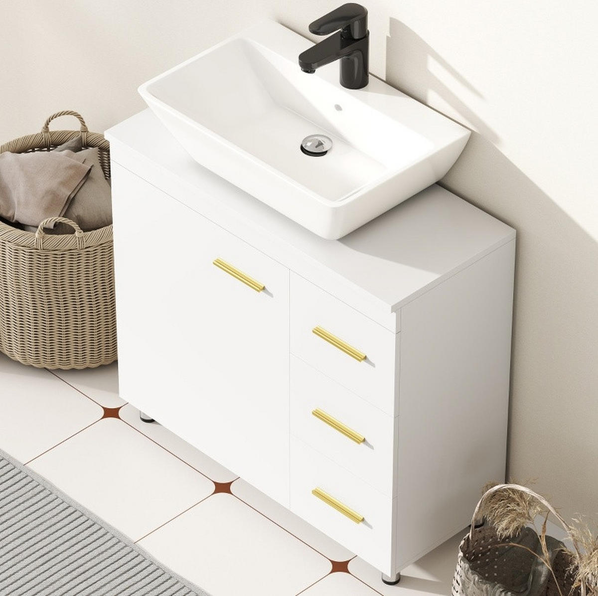 WASCHTISCHKOMBI 70/30/65 cm in Weiß mit 3 Schubladen & Soft-Close - Weiß, Holzwerkstoff (70/65/30cm) - BEAOK