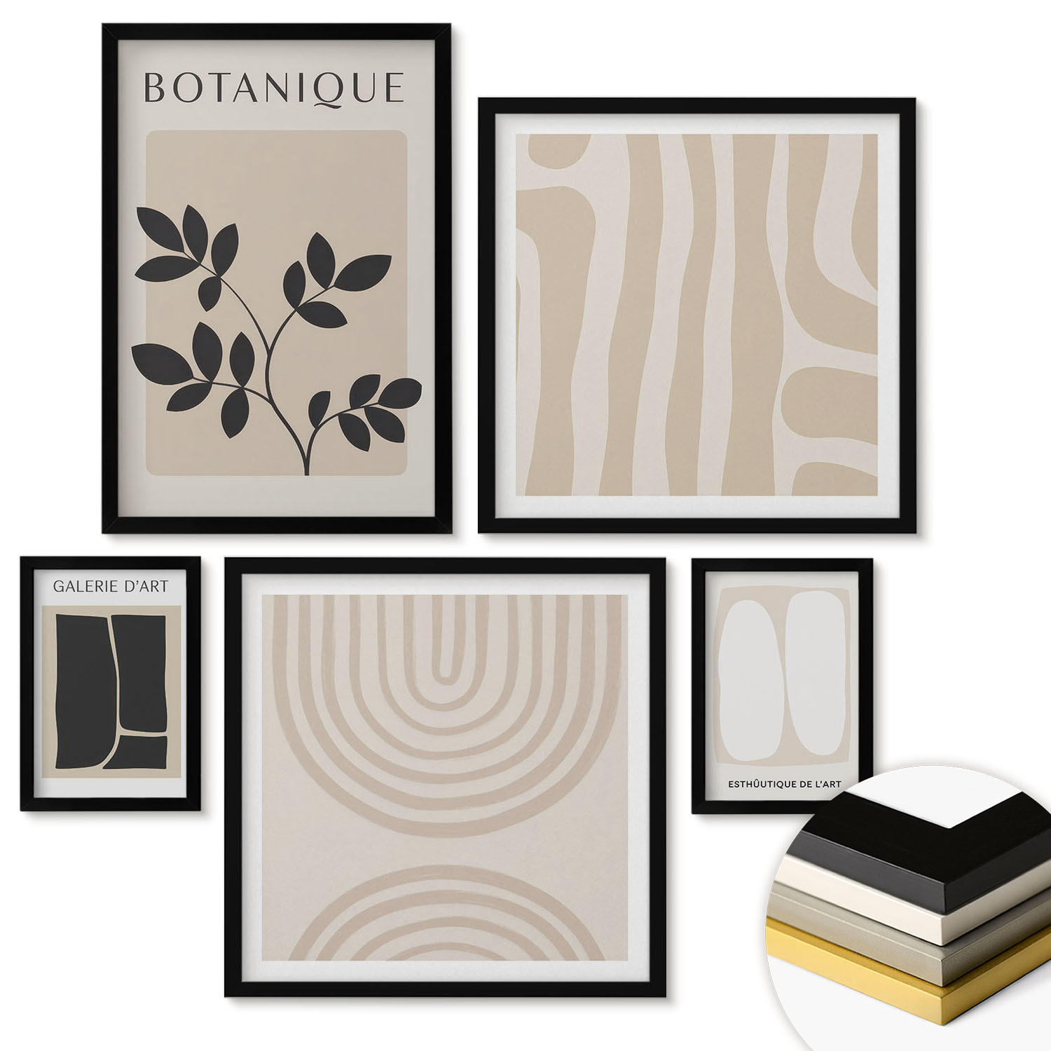 WANDBILDER 5er-Set - 50x50 cm & 20x30 cm & 40x60 cm Schwarzer Rahmen - Boho-Pflanzenposter - Schwarz, Kunststoff (40/60cm) - ArtPrintCave
