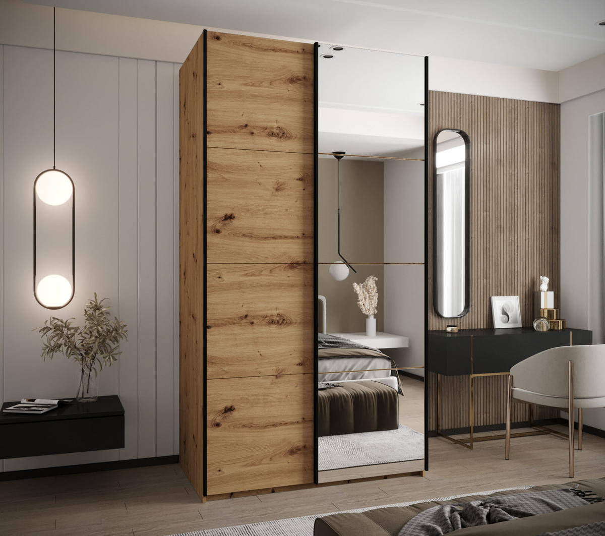 SCHWEBETÜRENSCHRANK 245,5/130/64 2-türig - Schwarz/Eiche Artisan, Holz/Metall (130/245/64cm) - Abiks Möbel