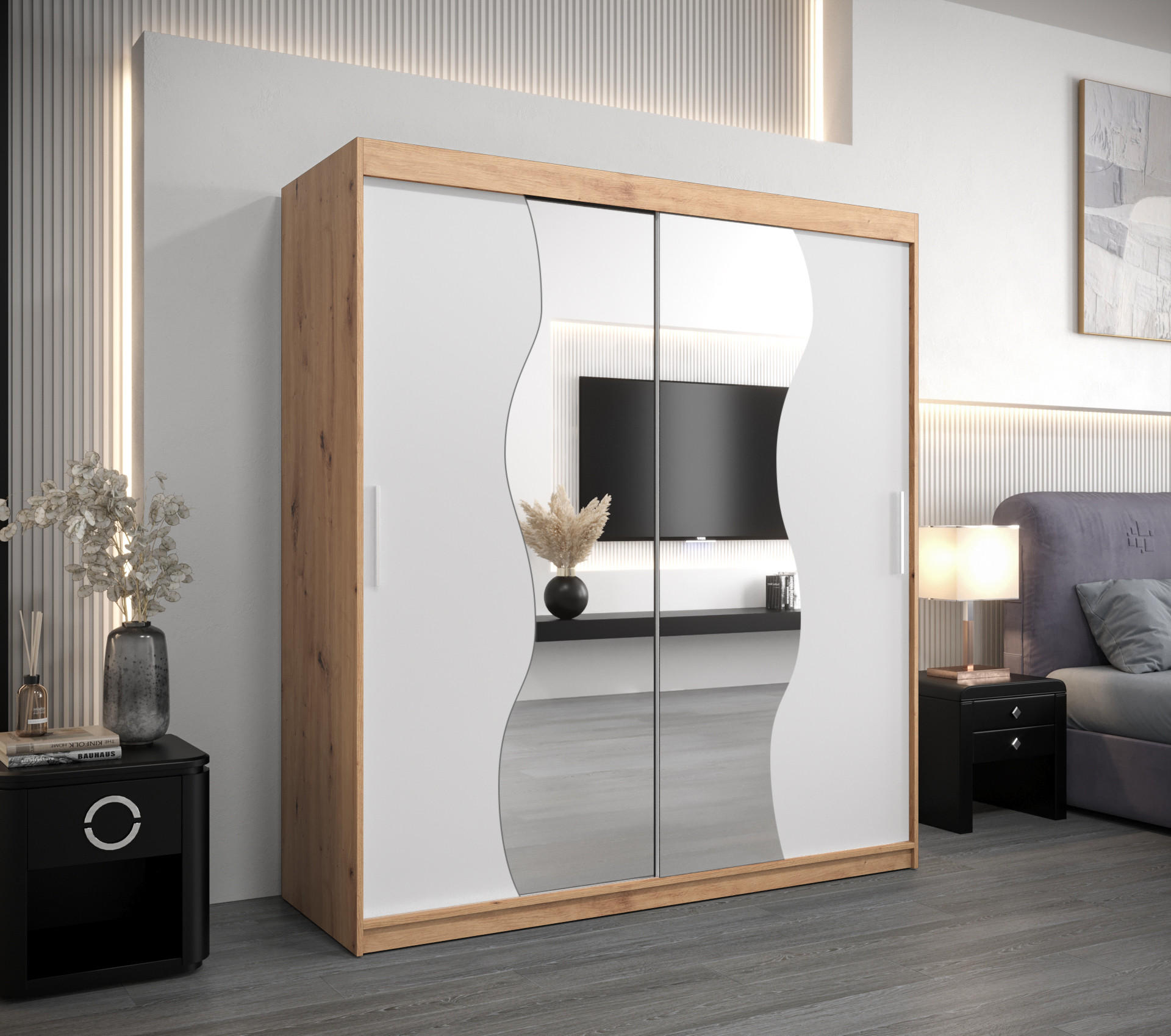 SCHWEBETÜRENSCHRANK 200/180/62 2-türig - Silberfarben/Weiß, Holz/Kunststoff (180/200/62cm) - Abiks Möbel