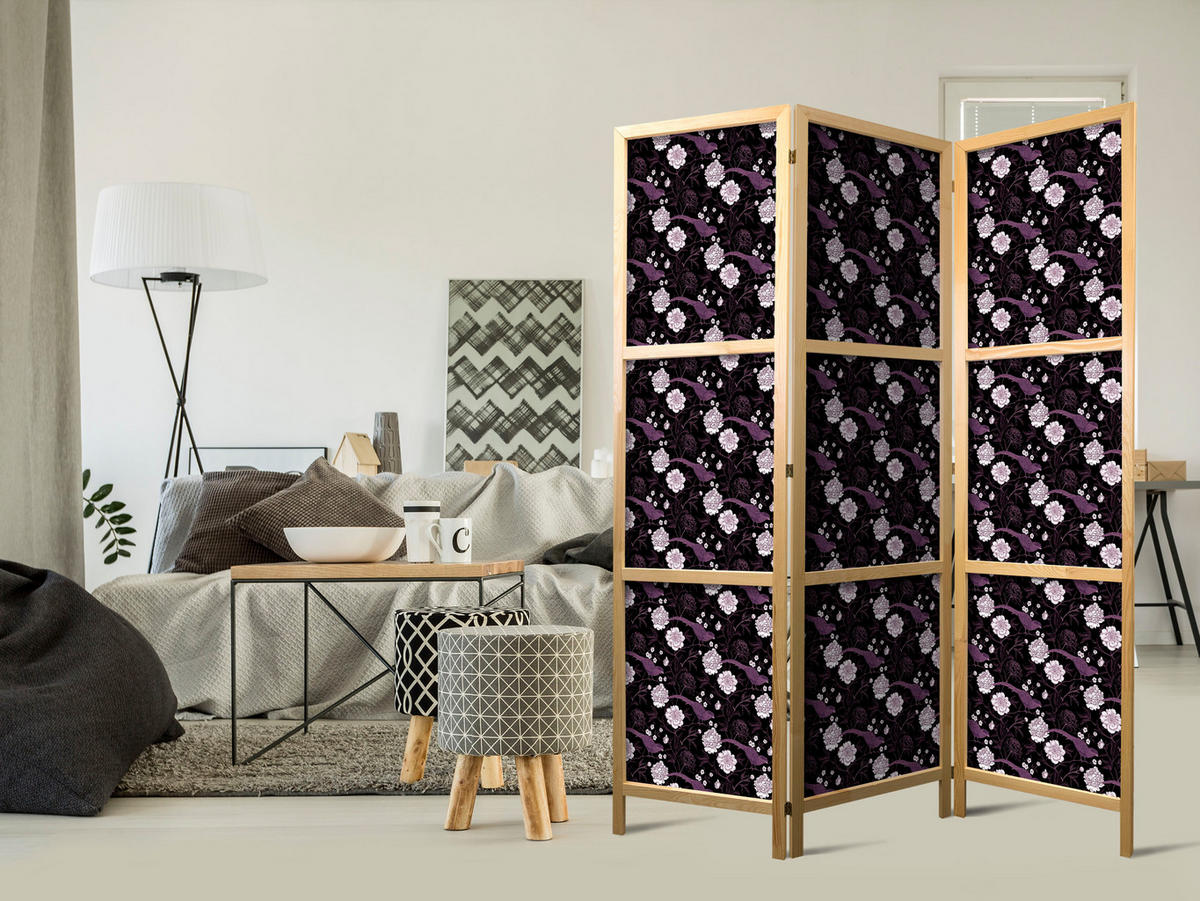PARAVENT Japanischer 3-tlg 135x172 cm Blumen Und V gel - Schwarz, Holz/Textil (135/172/3cm) - Muralo