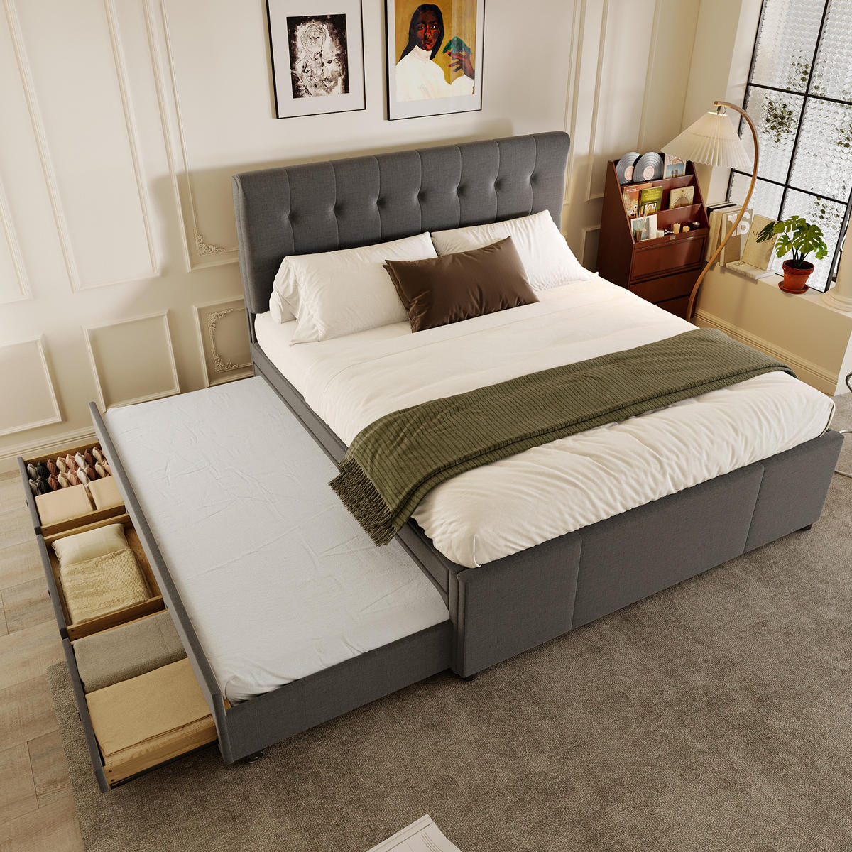 POLSTERBETT aus Leinen und MDF 140x200 cm Grau mit Ausziehbett, 3 Schubladen und verstellbarem Kopfteil - Grau, Textil (140/200cm) - IVMEU