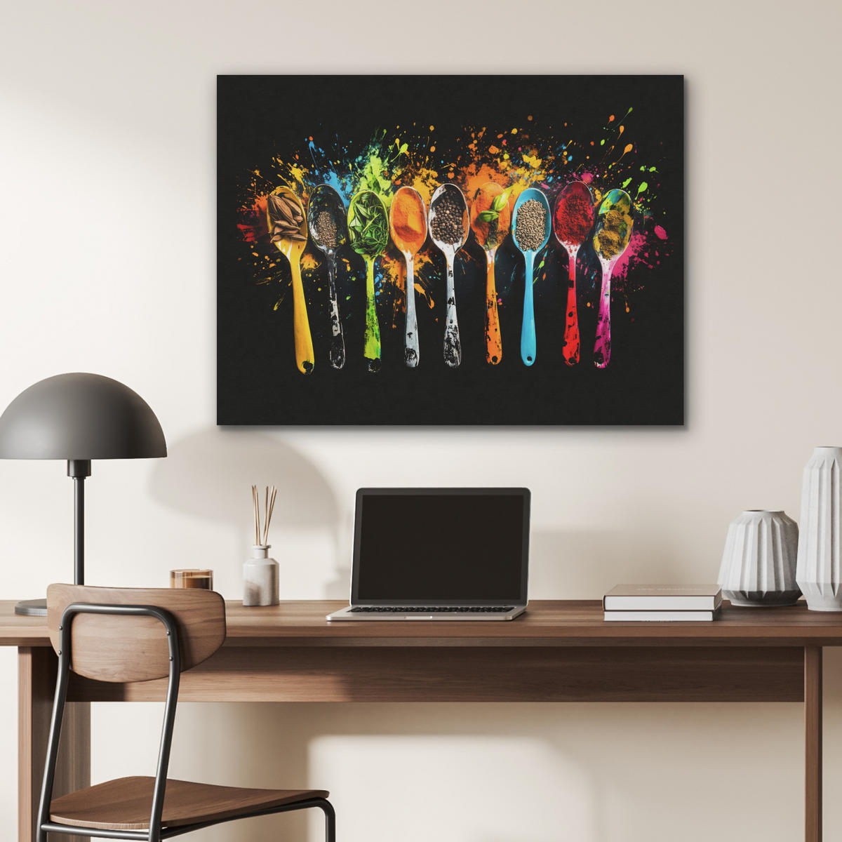 AKUSTIKBILD Löffel - Gewürze - Modern - Graffiti - Farbe - Farbenfroh Gemälde 80x60 cm - Multicolor, Textil (80/60/0.9cm) - MuchoWow