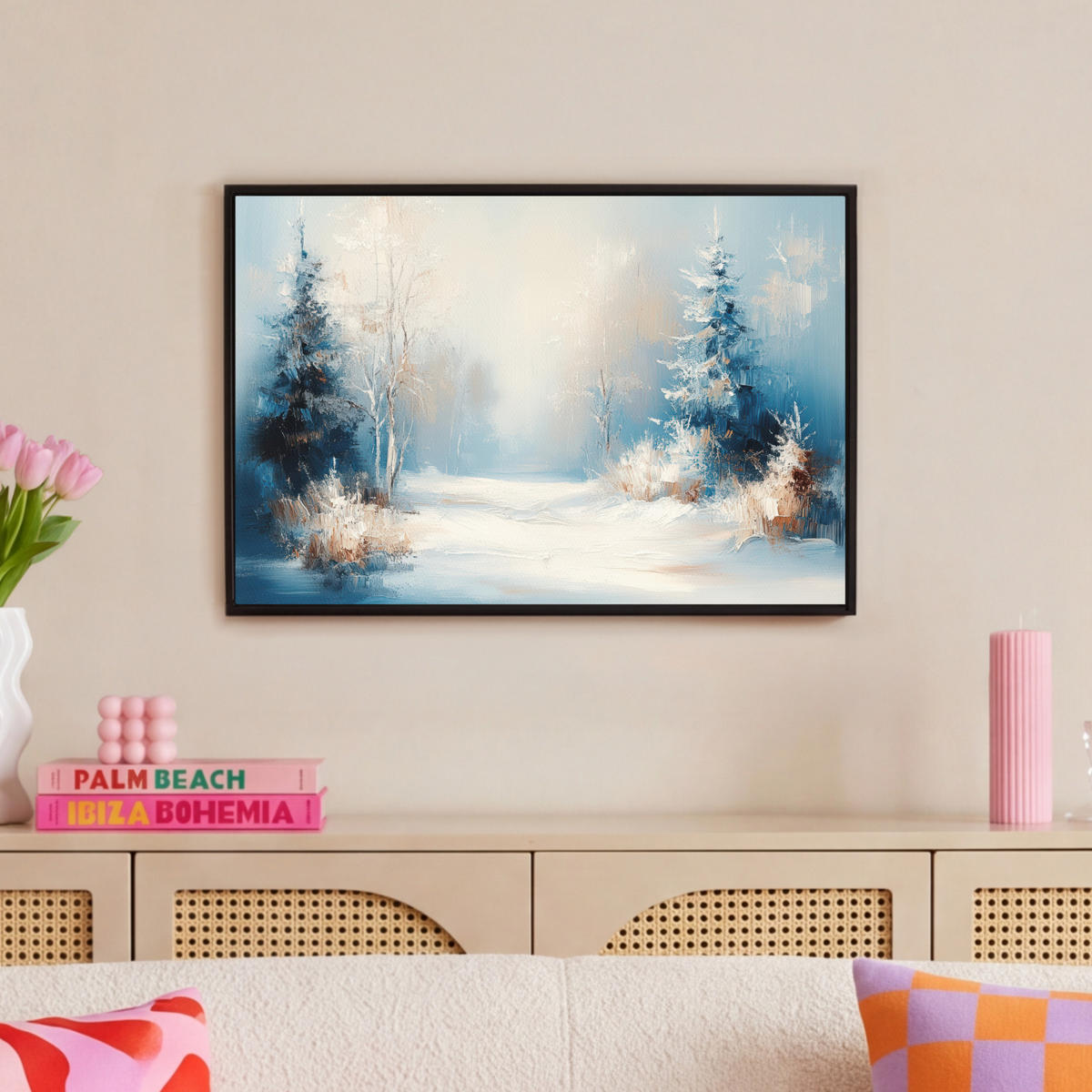 LEINWAND Bilder mit Rahmen - Wald – Winter – Natur – Abstrakt – Schnee - 60x40 - Weiß, Textil (60/40cm) - MuchoWow