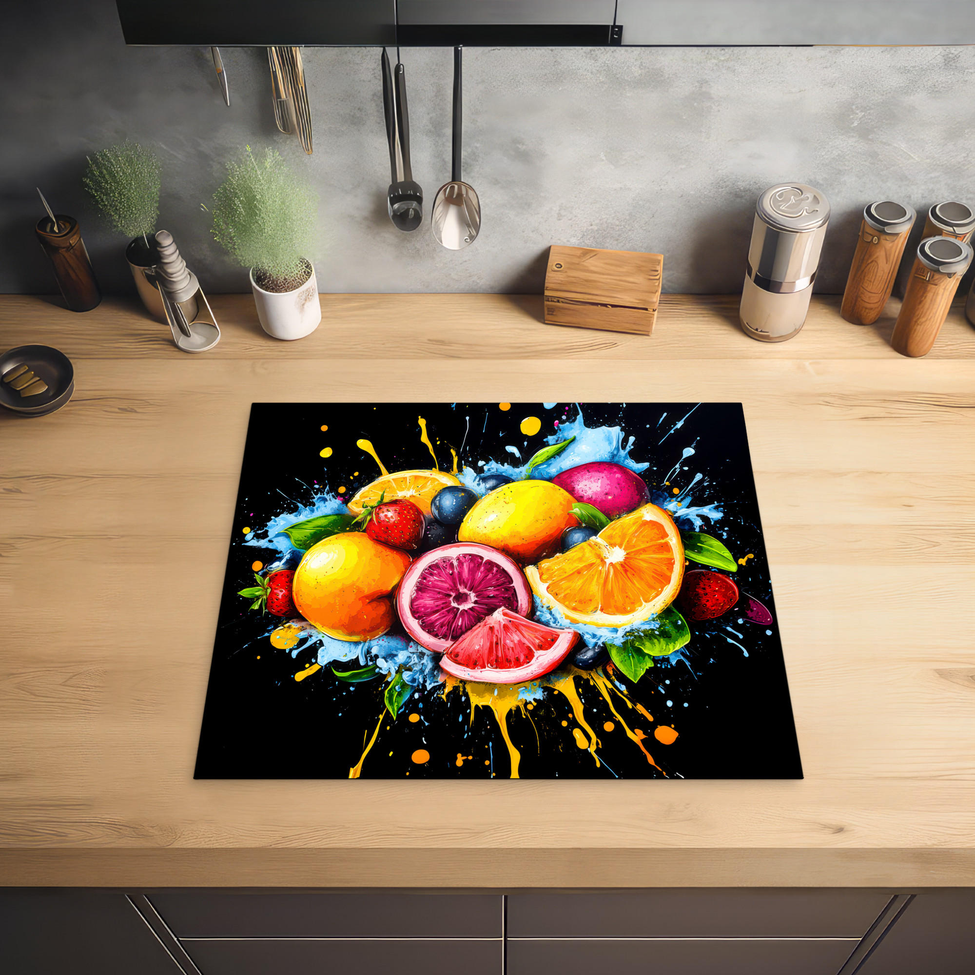 HERDABDECKPLATTE Obst - Graffiti - Bunt - Orange - Erdbeere - Abstrakt 59x51 cm - Orange, Kunststoff (59/0.2/51cm) - MuchoWow