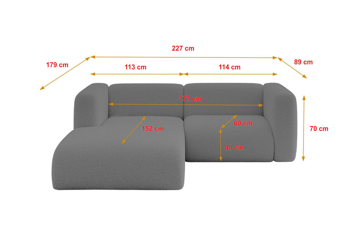 ECKSOFA Ottomane Links MIRA-L1 227x179x89 Grau Bouclé - Platinfarben/Schwarz, Holzwerkstoff/Kunststoff (227/179cm) - ALTDECOR
